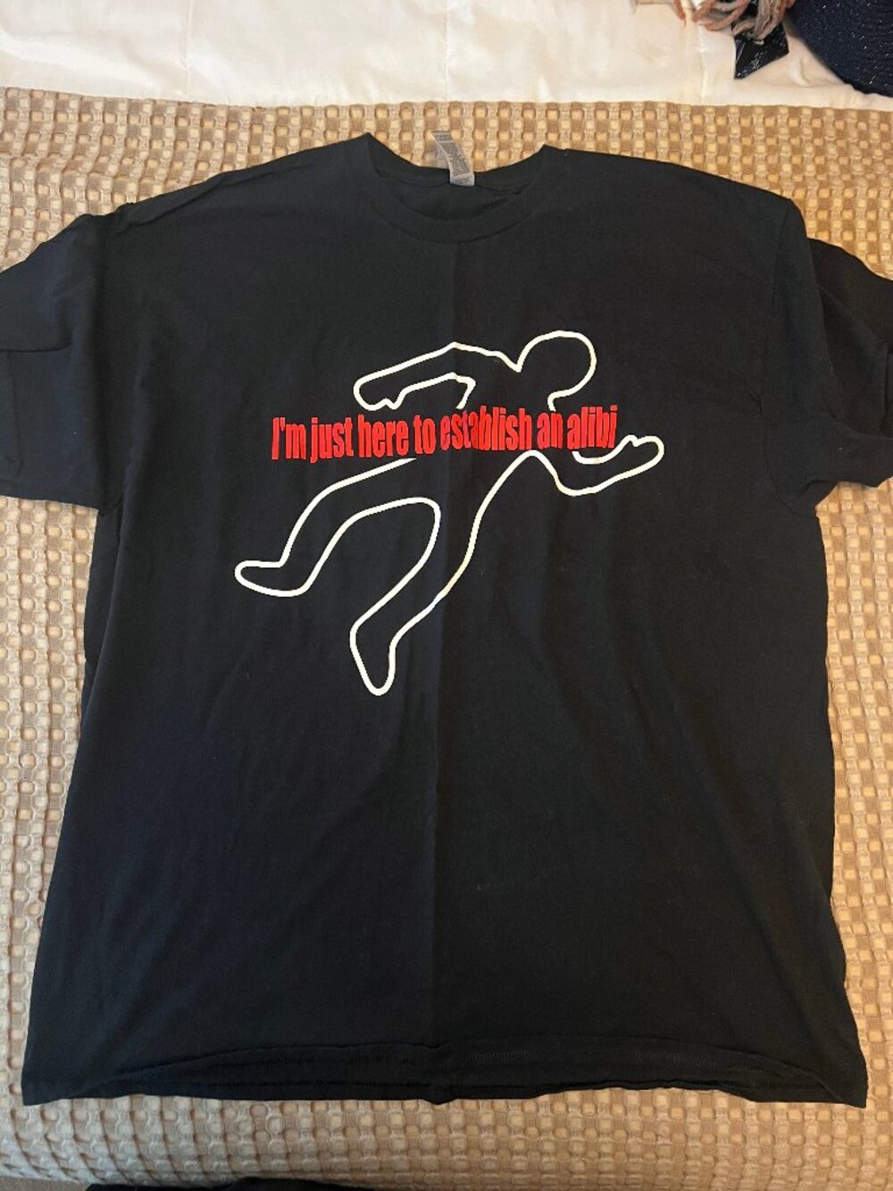 "I'm just here to establish an alibi" Black T-Shirt Size XL